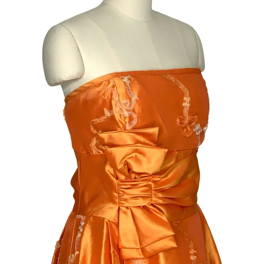 Vintage 80’s Orange Strapless Party Dress Size 14 Large Bow Floral Accent - Picture 3 of 11